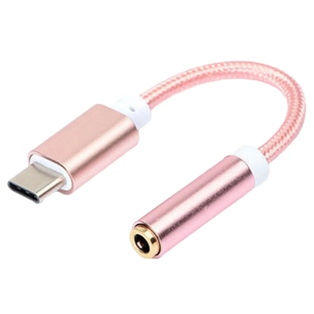 Nylon-woven Type-C to 3.5mm female headphone adapter cable in black, shown next to a smartphone.