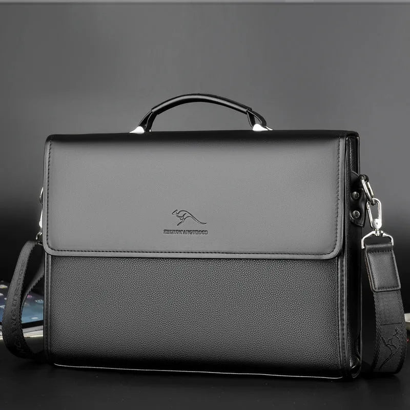 Men's PU leather business crossbody bag in brown portable small size with sewing thread details