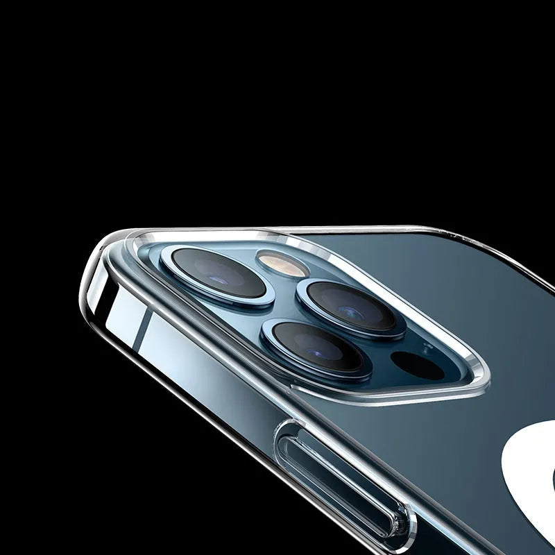 Clear magnetic hard back case for iPhone on a MagSafe charging puck