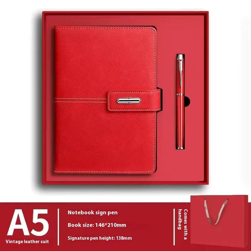 Custom A5 notebook with PU leather cover in various colours including black, red, green, and blue.
