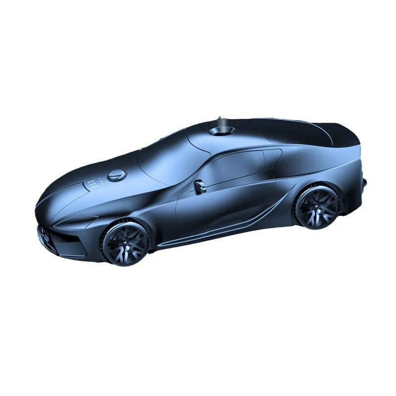 Grey cartoon car model aromatherapy diffuser in aluminium alloy, 12.9 cm x 5.9 cm x 3.7 cm, with three essential oil bottles.