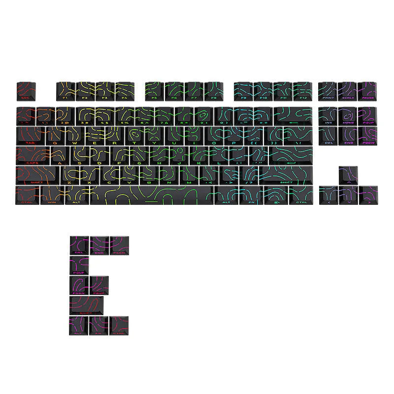 Black mechanical keyboard key cap set with contour line crack pattern and luminous characters, 85 x 150mm