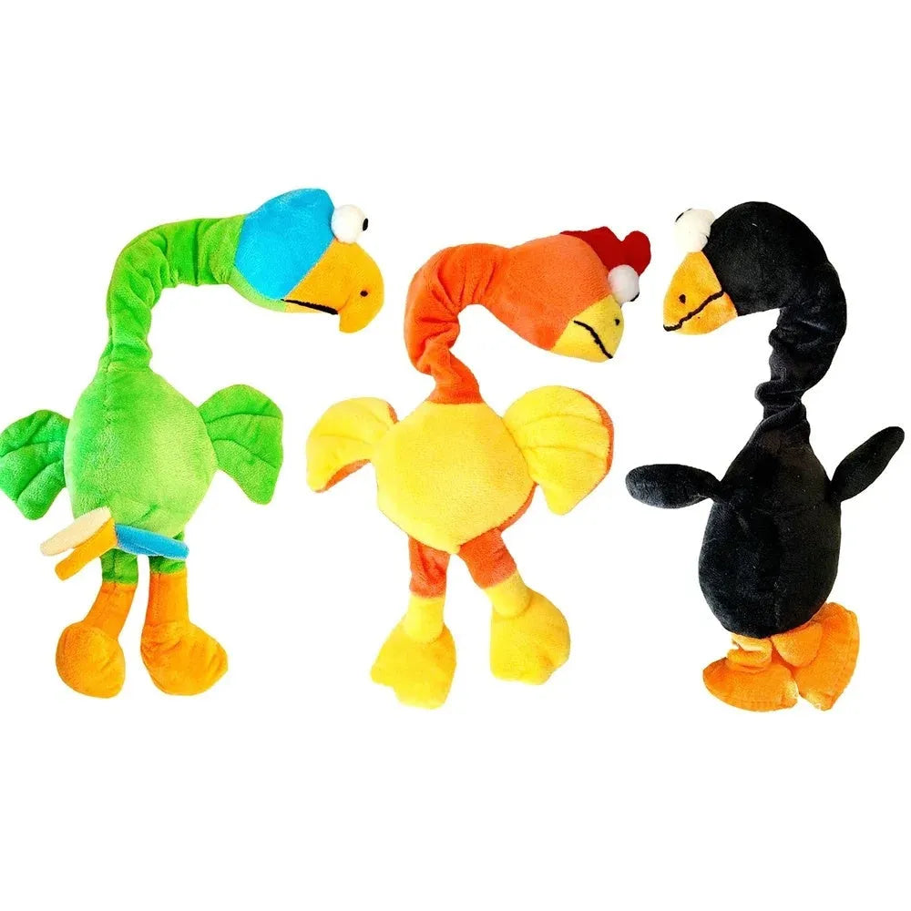 Screaming chicken sound dog chew toy in rubber material showing black, green and orange colour options