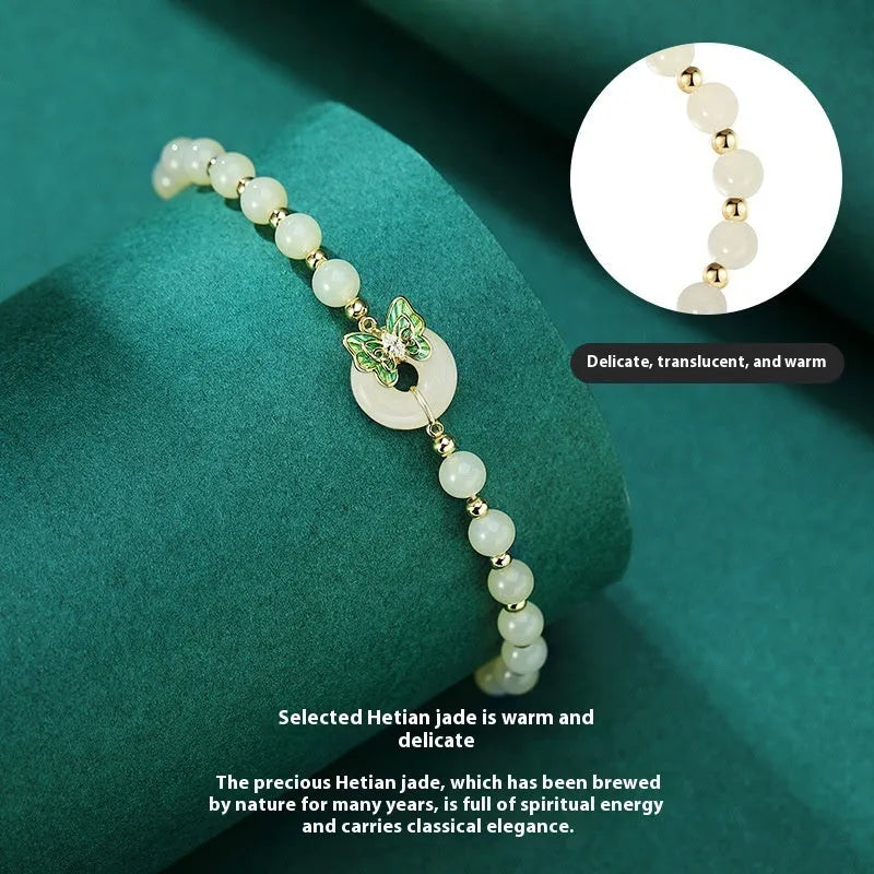 Cyan Hetian jade bracelet with sterling silver butterfly inlay, 6mm diameter