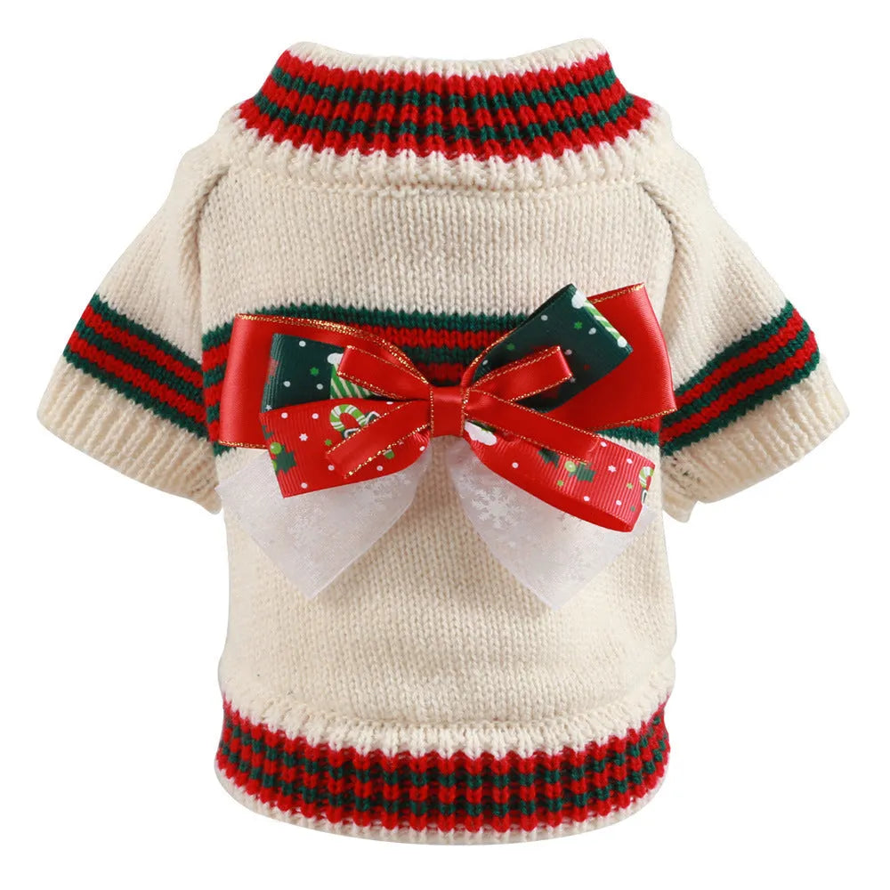 Red dog wearing Christmas-themed polyester jumper for holiday events