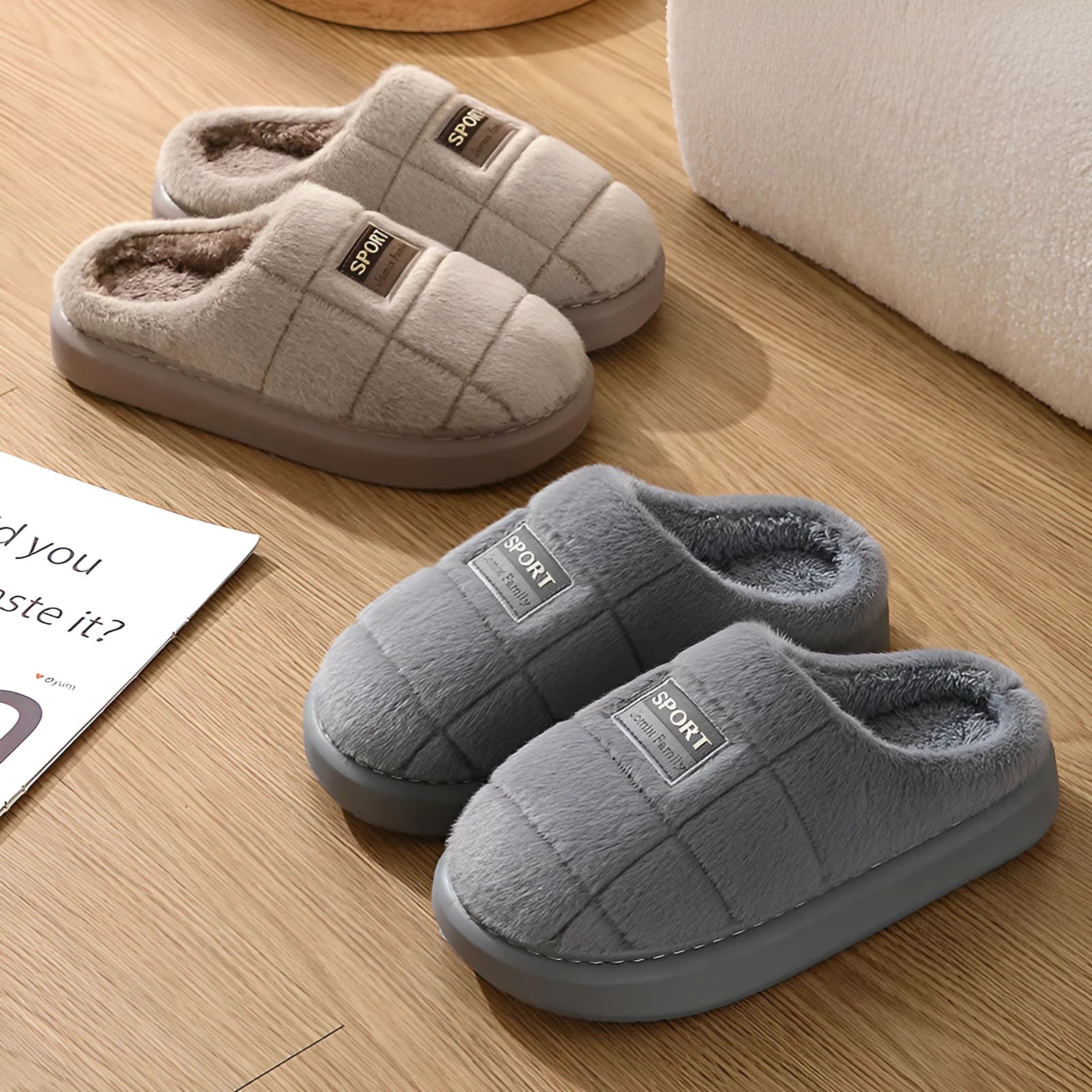 Men's grey and brown plaid rabbit hair slippers with thick EVA sole