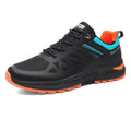 Men's black and orange breathable mesh outdoor running shoes with lace-up front and round toe.