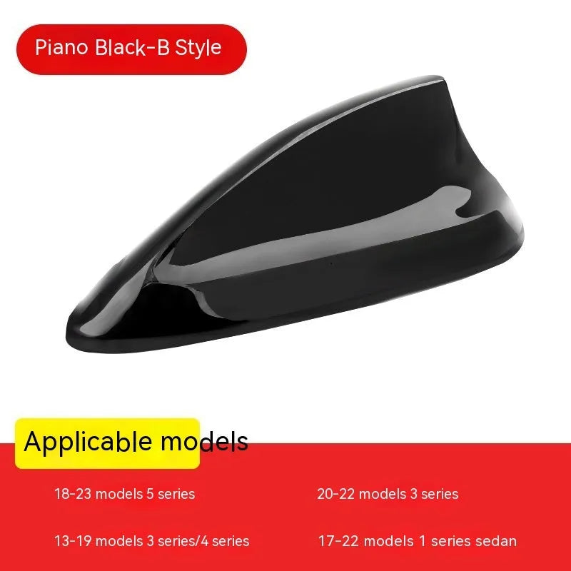 BMW shark fin antenna cover in carbon fibre and piano black finishes for Types A, B, and E.