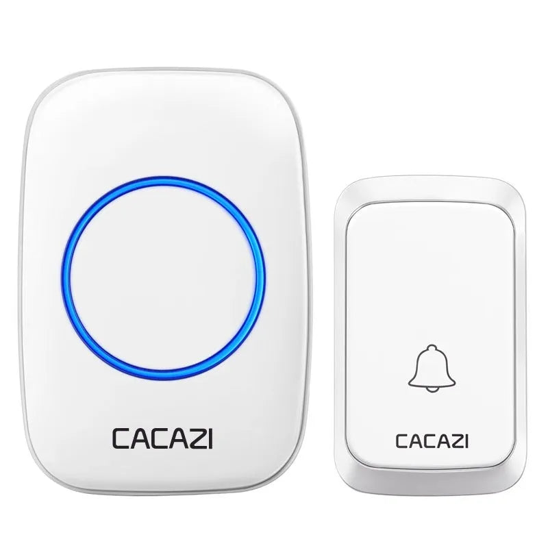 Wireless home doorbell set with white transmitter and receiver on a wall.