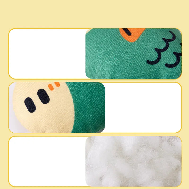 Plush Puffhead fish dog toy with squeaker, wear-resistant fabric, in green, purple, or yellow
