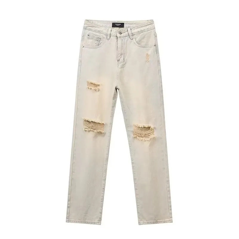 Men's ripped straight-leg wide-leg jeans in yellow mud colour polyester fabric size S to 3XL