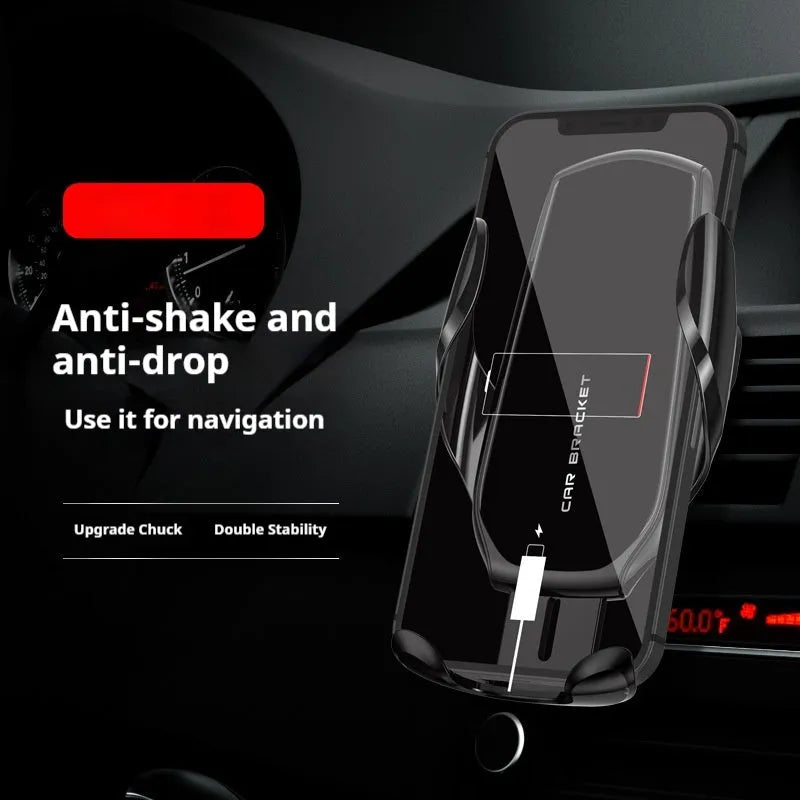 Car phone holder with wireless charging clipped to air vent, black colour