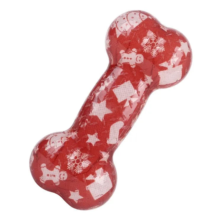 Printed bone-shaped TPR dog toy with squeaker in Christmas red colour