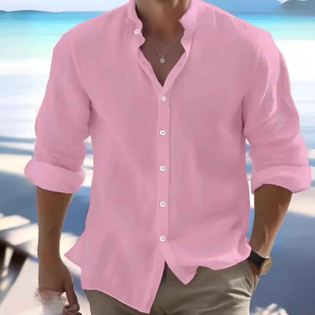 Men's light grey casual button-front cotton summer shirt on a hanger.