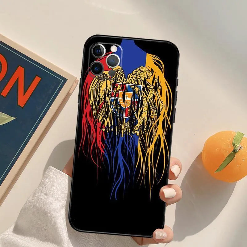Personalised Armenian flag TPU soft shell phone case for iPhone 14 series with black base and custom colour accents