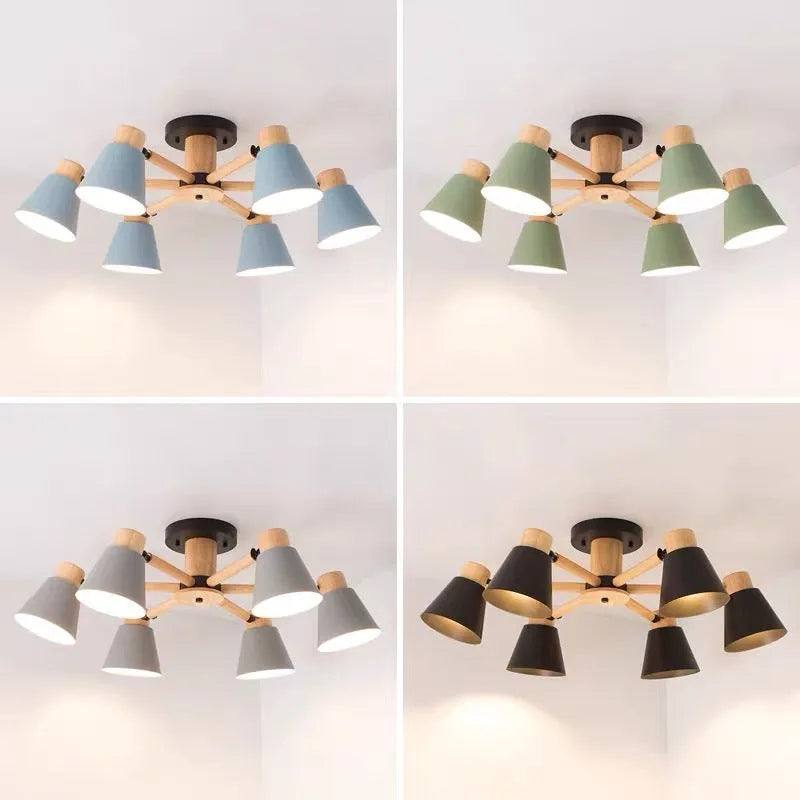 Nordic creative macaron-shaped ceiling pendant light with multiple bulbs in an ironwood frame.