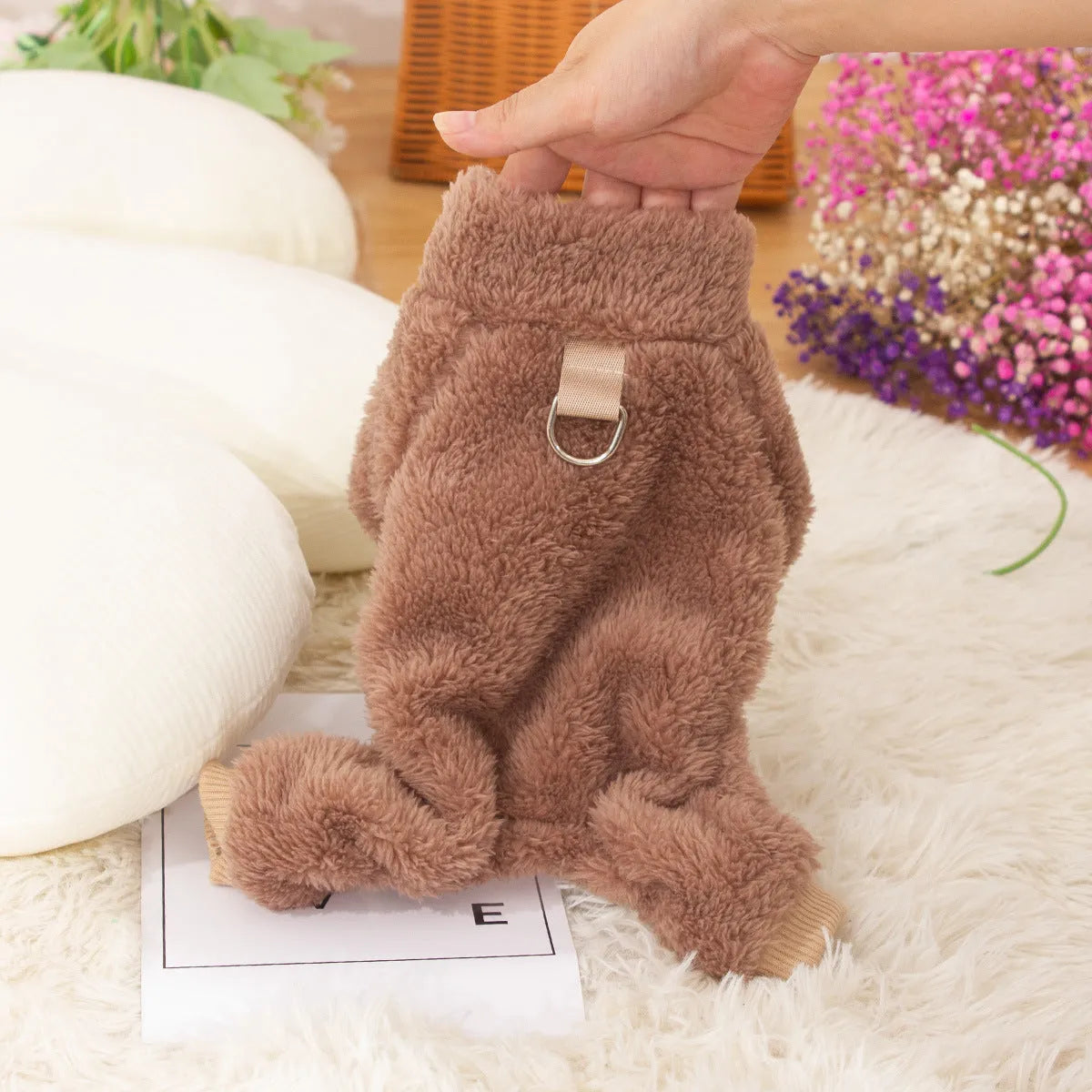 Double-sided plush dog clothes with high collar and towing ring in khaki, pink, or blue colours