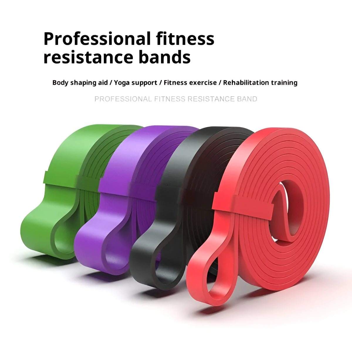 Five TPE resistance bands in yellow, red, black, purple and green for general fitness use