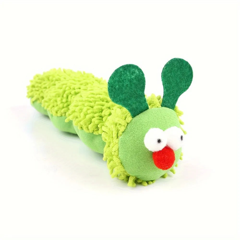 Green interactive cat toy pillow with rechargeable electronic mechanism and soft plush fabric
