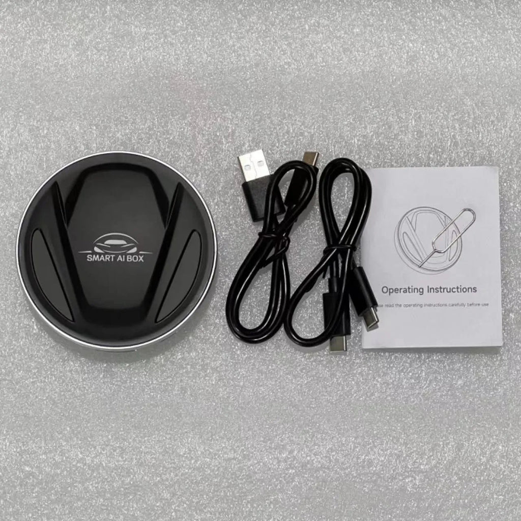 Black plastic CarPlay box TBOX measuring 79x79x18mm with USB cable and accessories