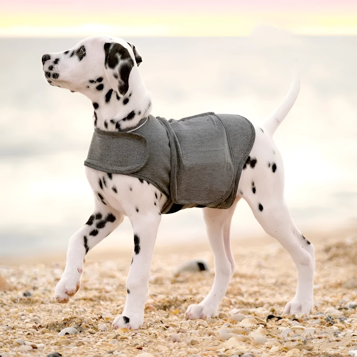 Heather gray dog anxiety jacket vest on a mannequin, showing its close-fitting design.