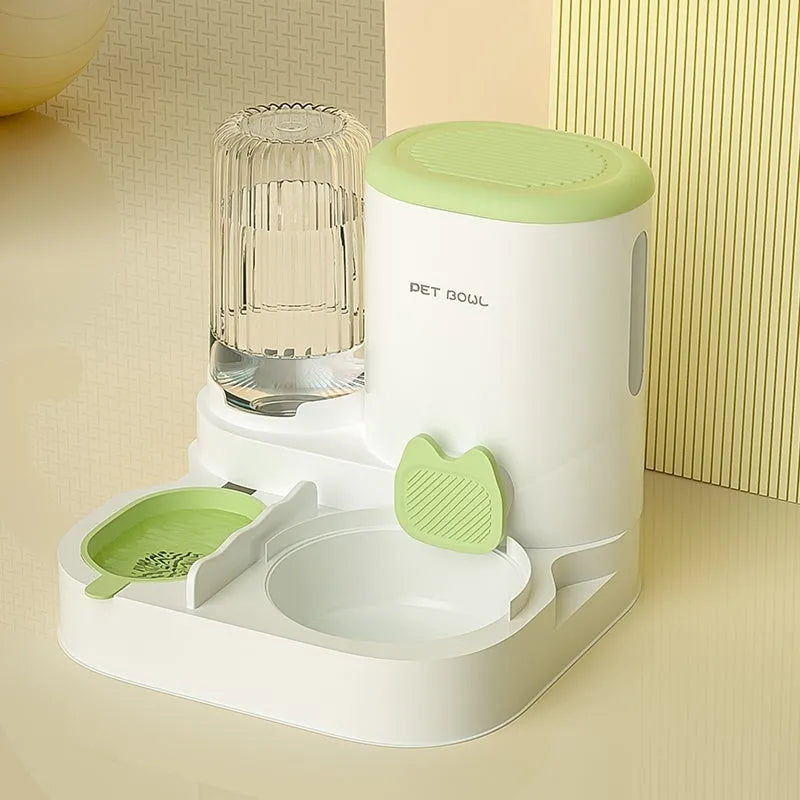 Automatic cat water fountain and food bowl combo with stainless steel dish in avocado green colour