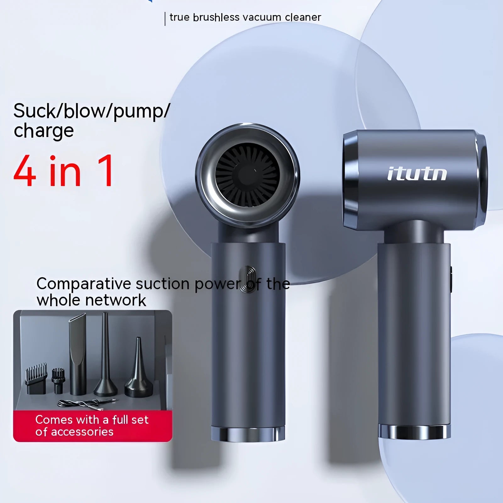 Handheld car vacuum cleaner in space-like grey colour with brushless motor and blowing/suction functions