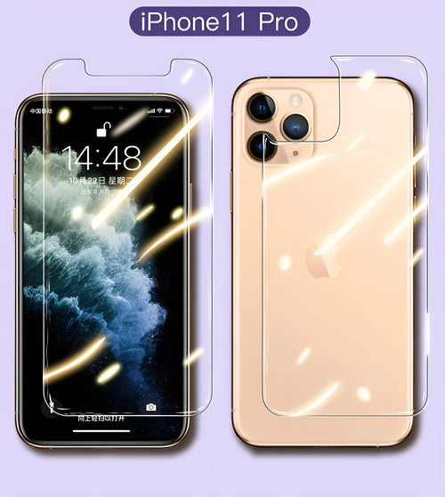 iPhone 11 Pro Max tempered glass screen protector with rear film showing 10D explosion-proof edges.