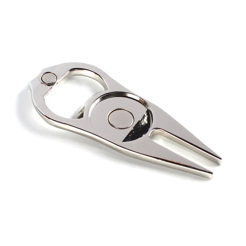 Zinc alloy golf ball yoke and bottle opener tool in black, green, and silver colour options