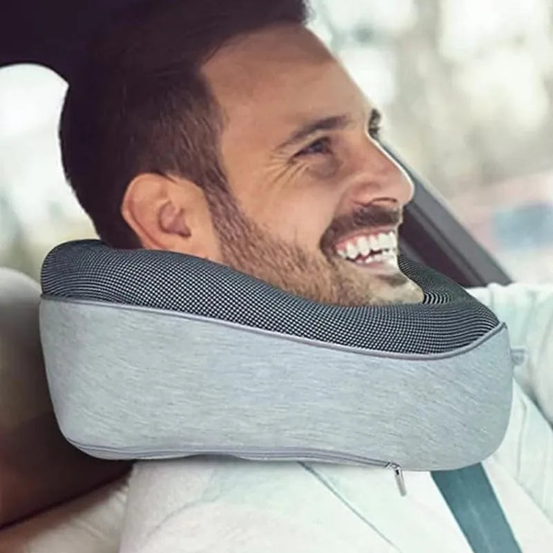 Memory foam U-shaped travel neck pillow in navy blue with buckle closure