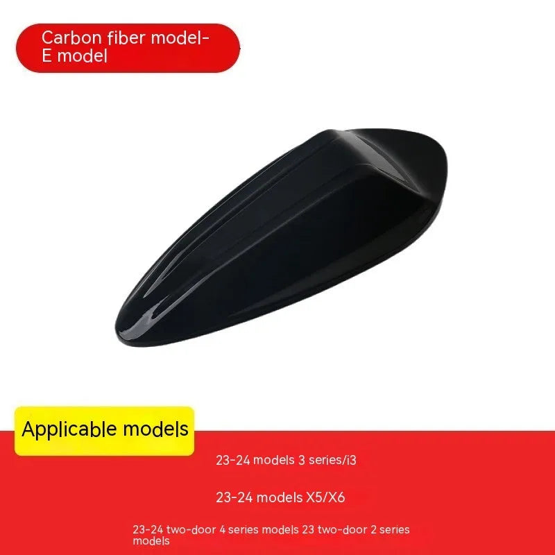 BMW shark fin antenna cover in carbon fibre and piano black finishes for Types A, B, and E.