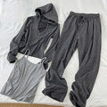 Grey Korean style casual sports suit set with long princess sleeve top, shorts, and matching vest, sizes L to 4XL