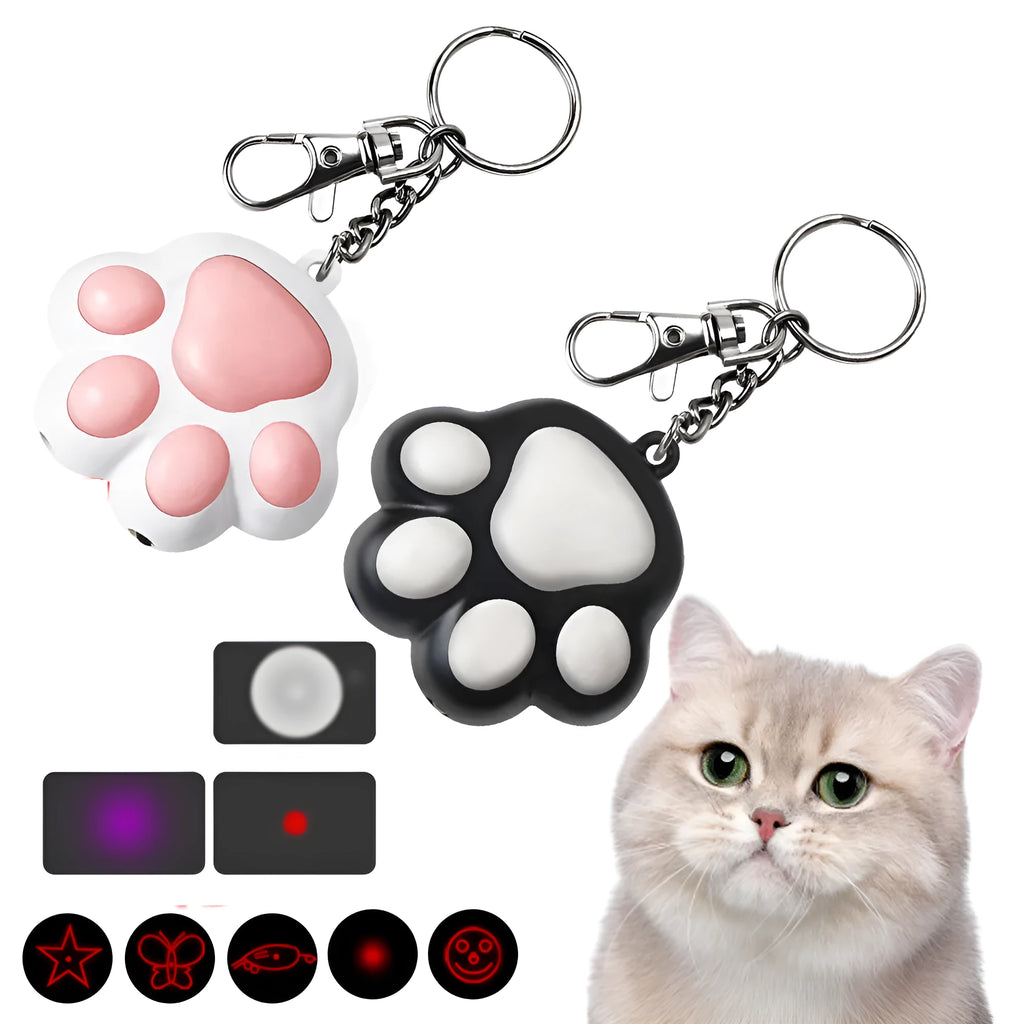 Black or pink infrared cat teaser toy with keychain measuring 5 by 2.5 centimetres