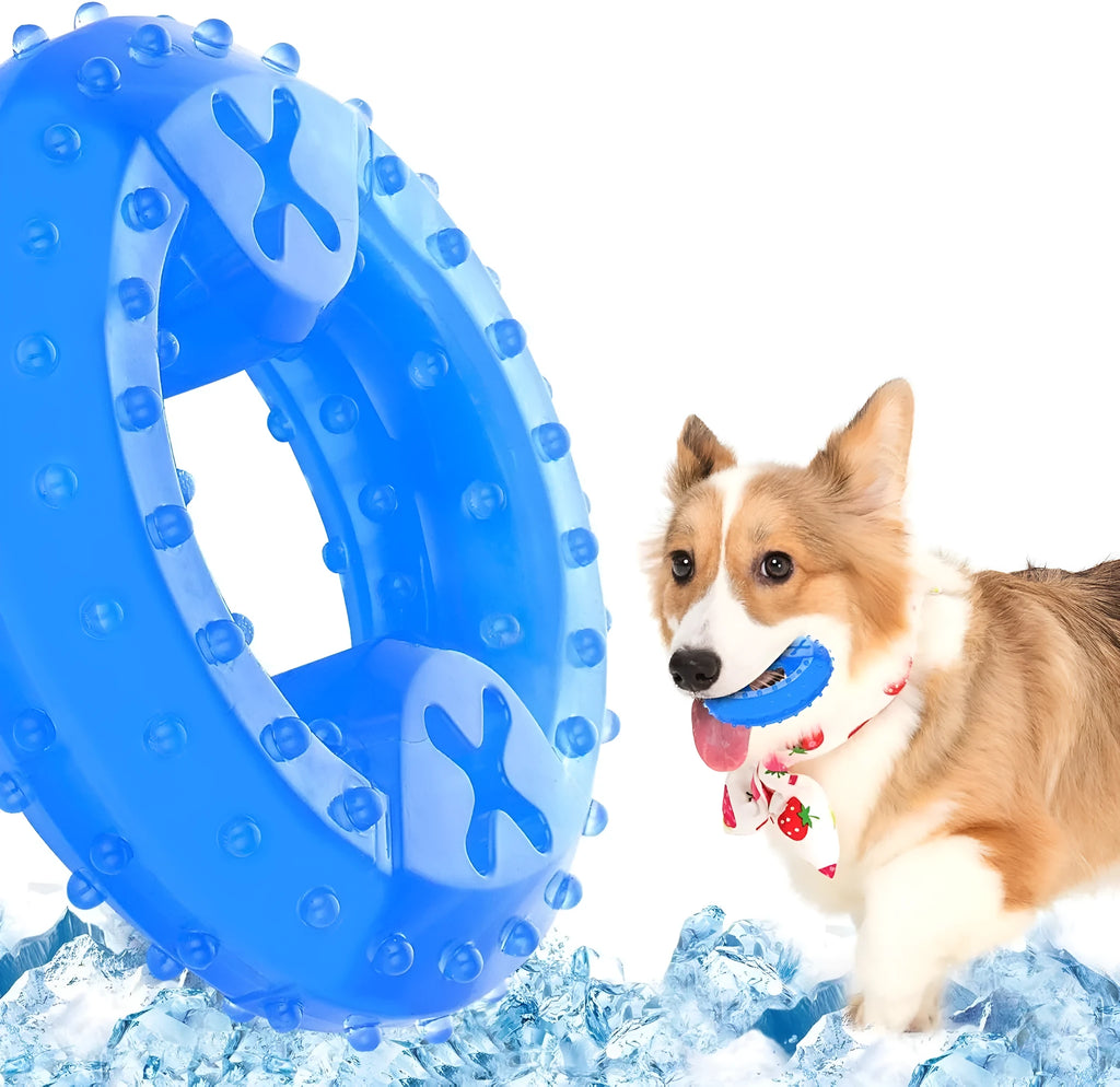 Freezable non-toxic dog cooling chew toy in bone and circle shapes.