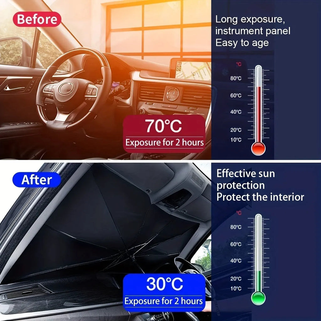 Foldable car windscreen sunshade umbrella open on a vehicle windscreen