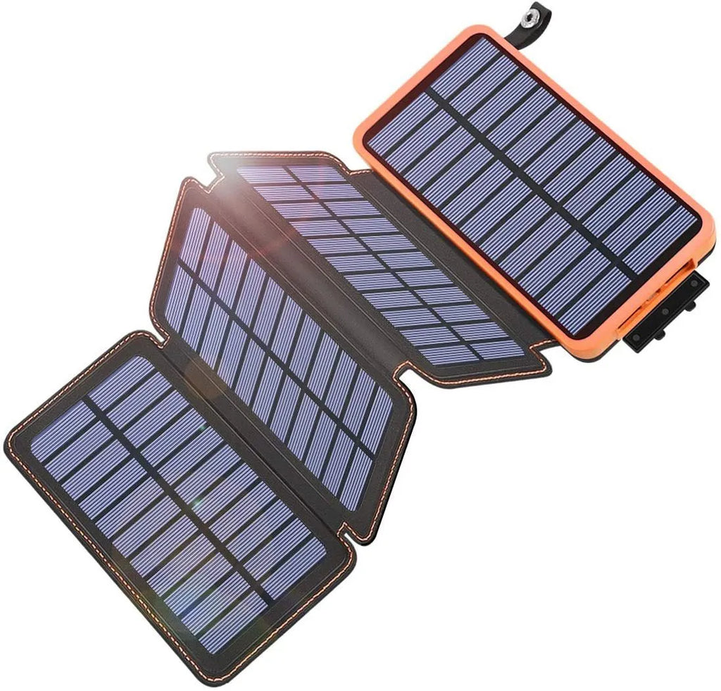 Outdoor solar power bank with soft leather wrap in multiple colours, showing solar panel and USB ports