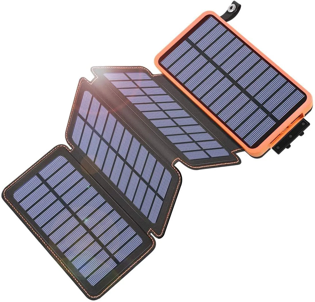Outdoor solar power bank with soft leather wrap in multiple colours, showing solar panel and USB ports