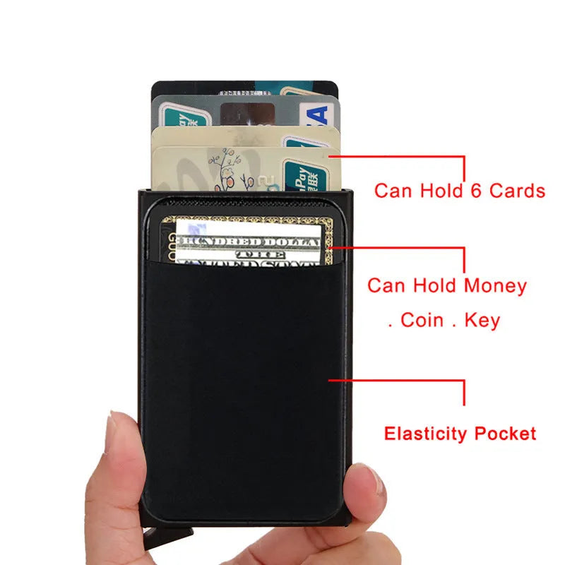 Frosted aluminium alloy credit card holder in multiple colour options showing its slim profile.