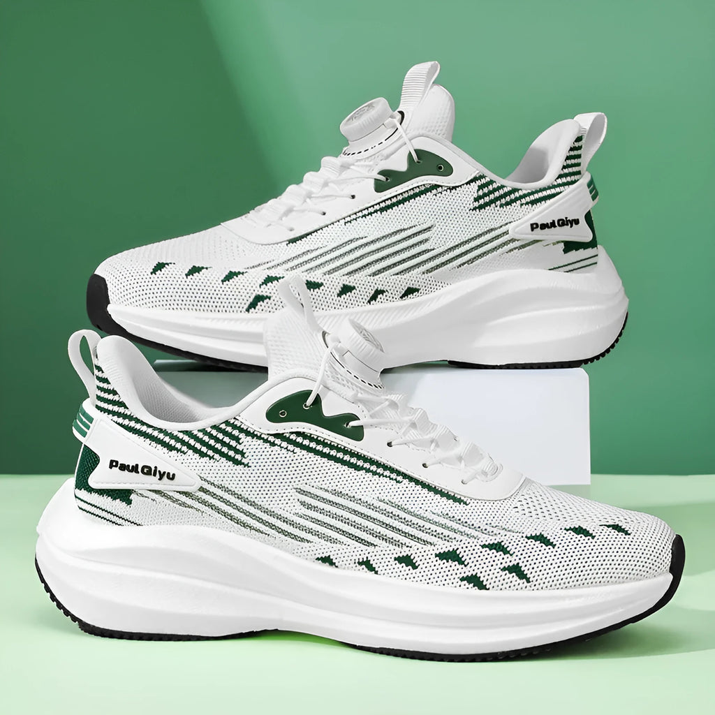 Men's white green Fly-knit mesh casual running shoes with rotating buckle and flat TPU sole.