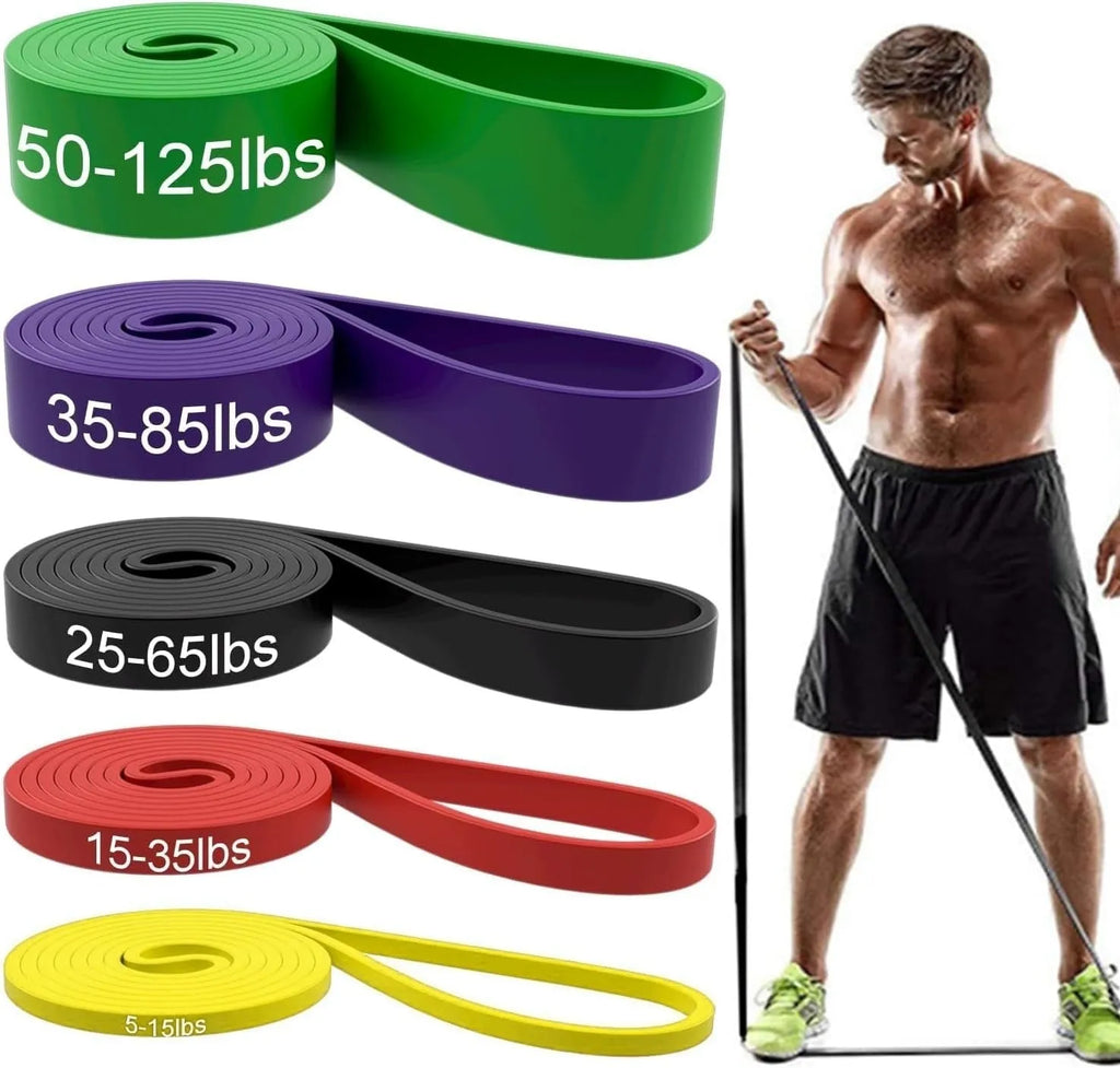 Five TPE resistance bands in yellow, red, black, purple and green for general fitness use