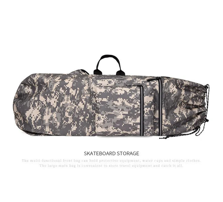 Black waterproof nylon skateboard backpack on a bench, showing its size and straps for carrying long equipment.