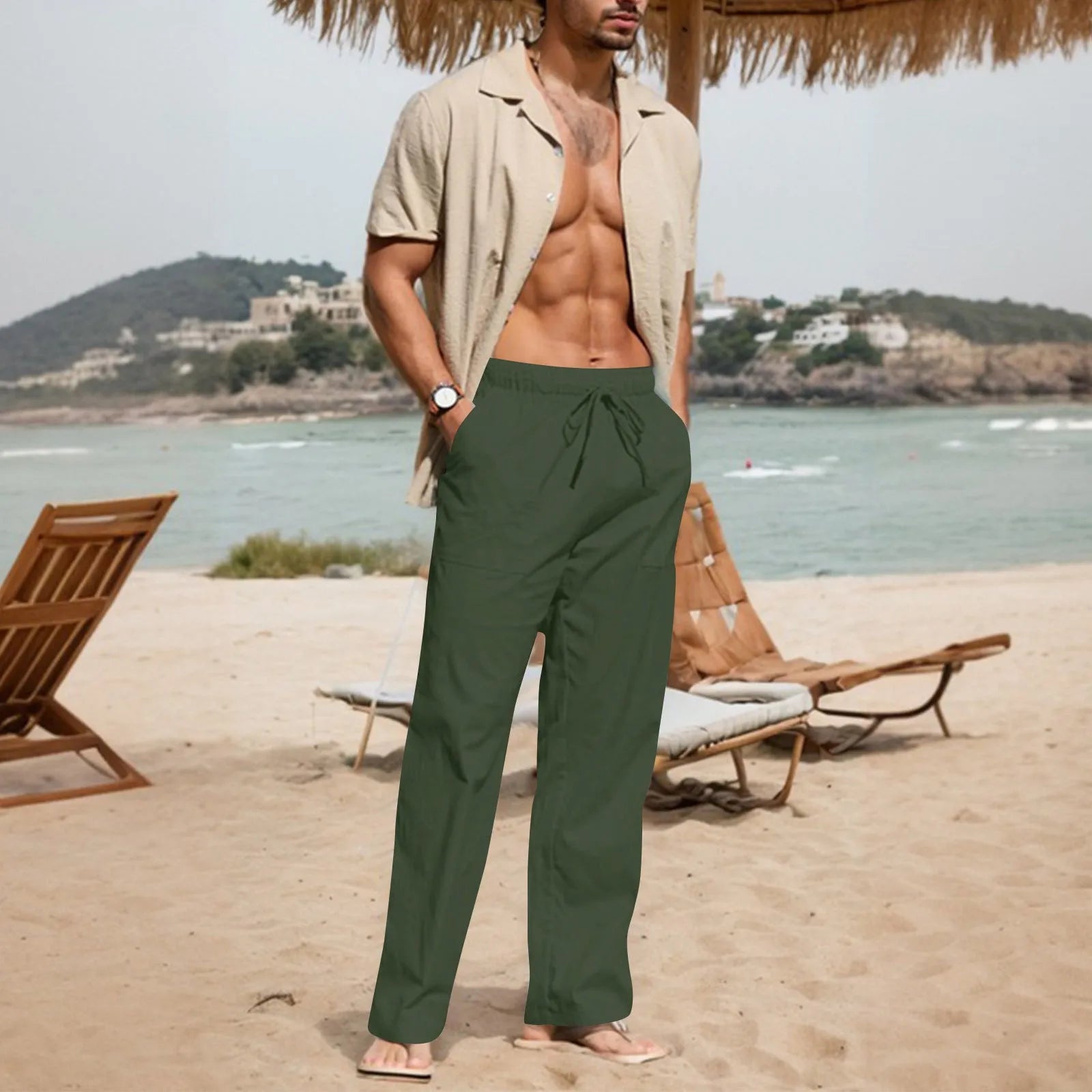 Men's straight-leg casual trousers in cotton and linen fabric with a drawstring elastic waistband, shown in a light colour.