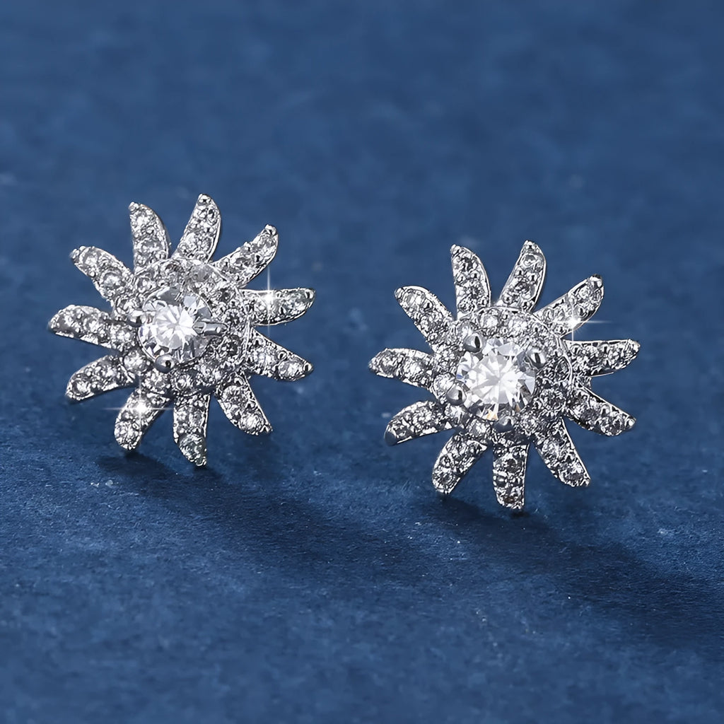 Sunflower ear studs with zircon inlay, copper base, Gold White and Platinum White colour options