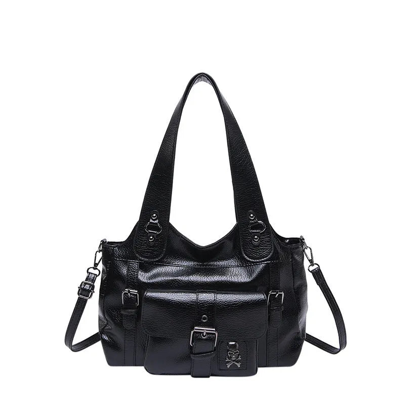 Sentong Qin large capacity PU shoulder bag in black, soft horizontal square shape with single strap for business commute