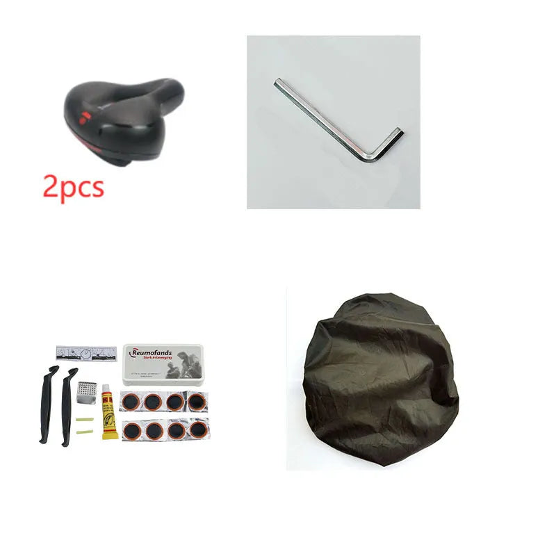 Thickened soft silicone bicycle saddle cushion with waterproof cover, wrench, and tire patch kit