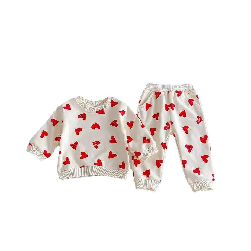 Cotton baby two-piece suit with coloured loving heart top and trousers for 73-110cm toddlers
