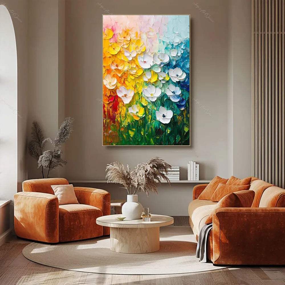 Handmade oil painting on canvas with thick oil texture, vertical modern abstract flower design, rolled and unframed.