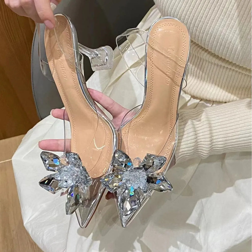 Women's transparent high heels with crystal flower detailing and pointed toe in three heel heights