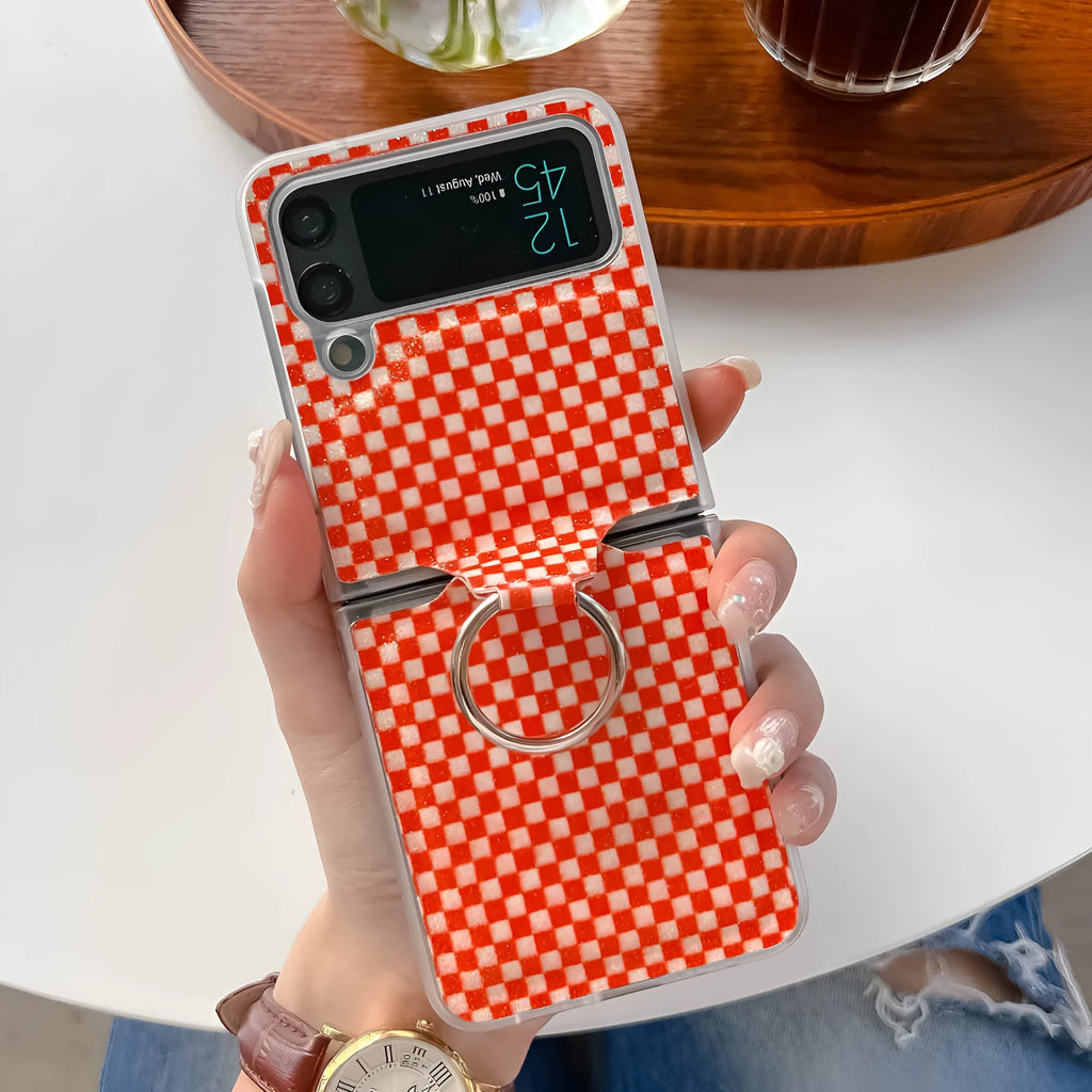 Foldable screen plaid ring phone case for Samsung Galaxy Z Flip 3 and Z Flip 4 in black with ring grip