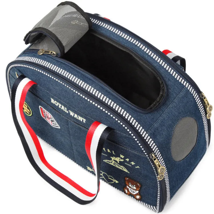 Blue denim pet bag with Japanese cartoon pattern for small dogs and cats